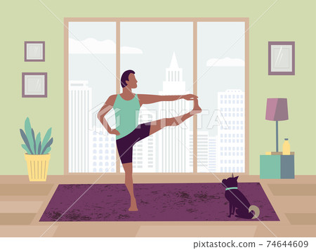 Man training yoga stay at home flat color vector Man training yoga stay at home flat color vector 74644609