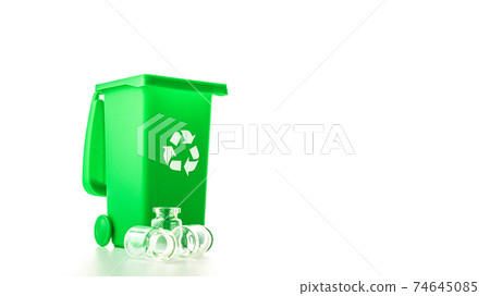Recycling bins. Green dustbin for recycle glass can trash isolated on white background. Container for disposal garbage waste and save environment. 74645085