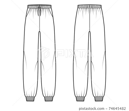 Sweatpants technical fashion illustration with elastic cuffs, low waist, rise, full length, drawstrings. Flat training Sweatpants technical fashion illustration with elastic cuffs, low waist, rise, full length, drawstrings. Flat training 74645482