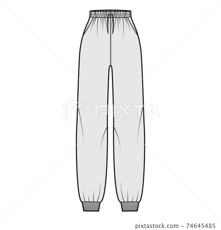 Sweatpants technical fashion illustration with elastic cuffs, normal waist, high rise, drawstrings. Flat knit training Sweatpants technical fashion illustration with elastic cuffs, normal waist, high rise, drawstrings. Flat knit training 74645485