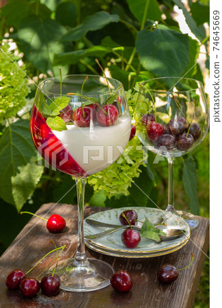 Summer dessert in wine glass with cherry. Panna cotta with berries in glass on garden background. Summer dessert in wine glass with cherry. Panna cotta with berries in glass on garden background. 74645669