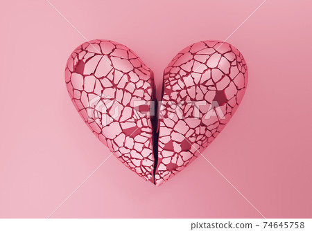 Broken cracked heart of classic shape on pink background, stop loving concept, 3d render Broken cracked heart of classic shape on pink background, stop loving concept, 3d render 74645758