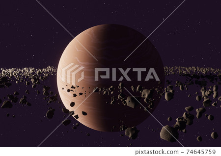 Planet Saturn or Jupiter close-up with stone ring in space. 3d illustration Planet Saturn or Jupiter close-up with stone ring in space. 3d illustration 74645759