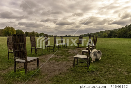 12 bronze chairs - Jurors artwork by Hew Locke in Runnymede, Surrey, United Kingdom 74646152