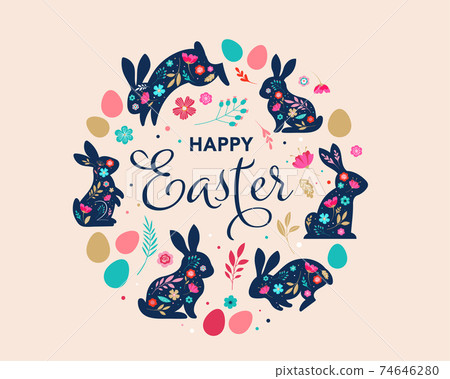 Happy Easter, decorated easter card, banner. Bunnies, Easter eggs, flowers and basket. Folk style 74646280