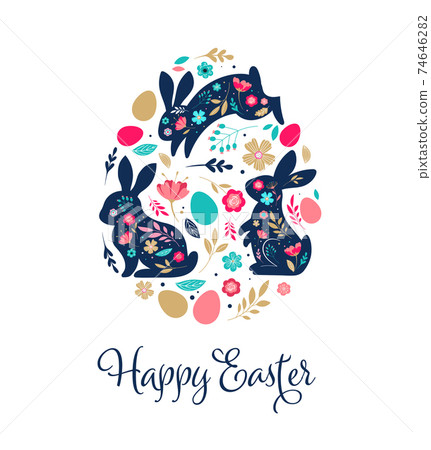 Happy Easter, bunnies, flowers and eggs. Folk style design Happy Easter, bunnies, flowers and eggs. Folk style design 74646282