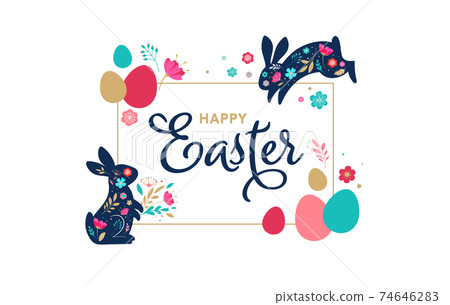 Happy Easter, decorated easter card, banner. Bunnies, Easter eggs, flowers and basket. Folk style 74646283