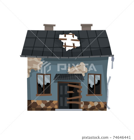 Old weathered house or dwelling. Abandoned home in bad condition. Bad old trouble building with damaged roof, shabby walls and exterior. Isolated neglected property 74646441