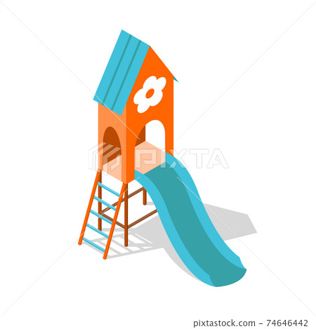 Isometric playground concept for outdoor family pastime. Playful kindergarten. Colored 3d isometric kids object or gaming complexes element 74646442