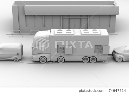 具有快速充電器可為EV充電的移動式充電卡車的黏土渲染圖像。 74647514
