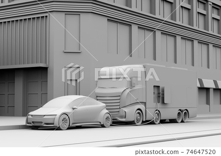 A clay-rendered image of a mobile charging truck that has a quick charger to charge an EV. A clay-rendered image of a mobile charging truck that has a quick charger to charge an EV. 74647520