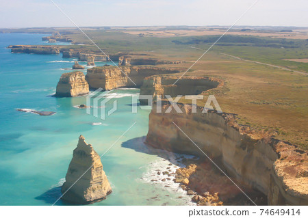 Aerial view of the famous "Twelve Apostles" on the Great Ocean Road in Australia Aerial view of the famous "Twelve Apostles" on the Great Ocean Road in Australia 74649414