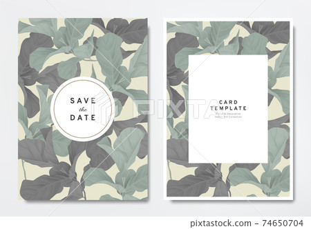 Greenery wedding invitation card template design, green and black fiddle leaf fig 74650704