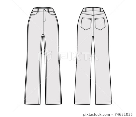 Jeans Denim pants technical fashion illustration with full length, normal waist, high rise, 5 pockets, Rivets, belt loop Jeans Denim pants technical fashion illustration with full length, normal waist, high rise, 5 pockets, Rivets, belt loop 74651035