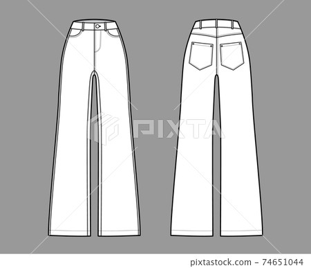 Jeans wide leg Denim pants technical fashion illustration with full length, normal waist, high rise, 5 pockets, Rivets Jeans wide leg Denim pants technical fashion illustration with full length, normal waist, high rise, 5 pockets, Rivets 74651044