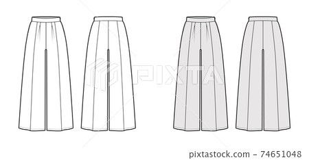 Pants gaucho technical fashion illustration with low waist, rise, single pleat, ankle cropped length, seam pockets. Pants gaucho technical fashion illustration with low waist, rise, single pleat, ankle cropped length, seam pockets. 74651048