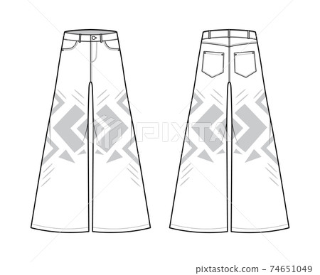 Phat Pants Denim Jeans technical fashion illustration with full length, low waist, rise, 5 pockets, wide legs belt loops 74651049