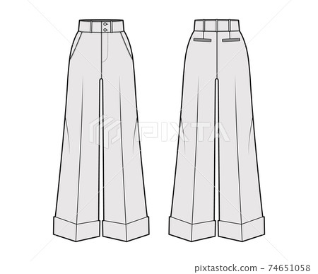 Pants oxford tailored technical fashion illustration with normal waist, high rise, full length, slant jetted pockets 74651058