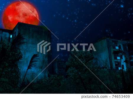 Illustration of a red full moon and an abandoned housing complex Illustration of a red full moon and an abandoned housing complex 74653409
