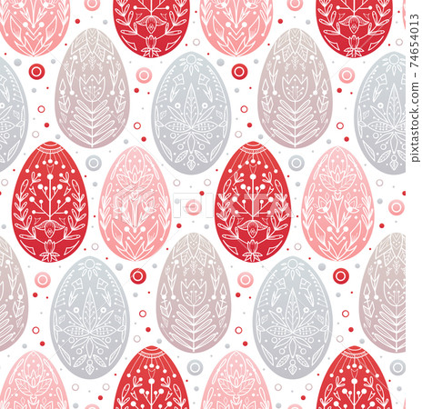 Seamless festive pattern with eggs and folk ornaments in row. Wallpaper with Easter treat. Wrapping paper with eggs with natural flower decoration. Multicolored texture 74654013