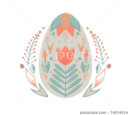 Festive Easter egg with folk pattern in a wreath of branches and foliage. Postcard with natural flat tribal illustration. 74654014