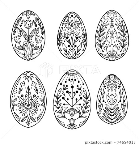Set of outline Easter eggs with folk pattern. Festive treat with tribal ornaments. Spring religious holiday. Contour objects Set of outline Easter eggs with folk pattern. Festive treat with tribal ornaments. Spring religious holiday. Contour objects 74654015