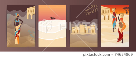 Vector Set of abstract posters with African woman in turban in minimalistic style. .African women walk in the desert, city in Africa, leopard. 74654869