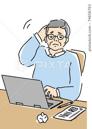Illustration of an elderly man in trouble with a computer 74656763