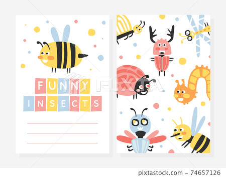 Funny Insects Card Template, Invitation or Greeting Card, Flyer Design with Cute Insects Seamless Pattern Vector Illustration Funny Insects Card Template, Invitation or Greeting Card, Flyer Design with Cute Insects Seamless Pattern Vector Illustration 74657126