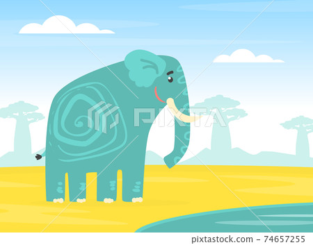 Cute Elephant African Animal on Background of African Savanna Landscape Cartoon Vector Illustration Cute Elephant African Animal on Background of African Savanna Landscape Cartoon Vector Illustration 74657255