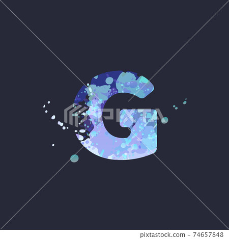 Bold letter G with effect of liquid spots of paint in blue, white, purple colors on dark navy background. Decoration element for winter design of a flyer, poster, calendar, cover, title. Vector EPS10 Bold letter G with effect of liquid spots of paint in blue, white, purple colors on dark navy background. Decoration element for winter design of a flyer, poster, calendar, cover, title. Vector EPS10 74657848