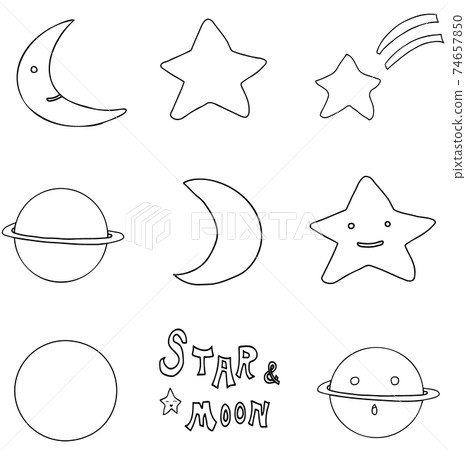 星星，月亮和土星的各種單色線條藝術插圖 74657850