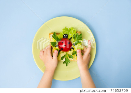 Fun food art for kids. Children's hands hold plate with ladybug sandwich on blue background. How to make creative breakfast for kid at home. Step by step instruction, view from above Fun food art for kids. Children's hands hold plate with ladybug sandwich on blue background. How to make creative breakfast for kid at home. Step by step instruction, view from above 74658709