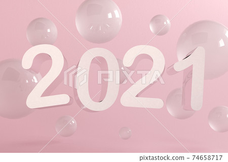 Creative concept of 2021 Happy New Year. Abstract minimal scene with geometrical forms. Rose gold symbol flying with sphere on pink background. 3d render. Creative concept of 2021 Happy New Year. Abstract minimal scene with geometrical forms. Rose gold symbol flying with sphere on pink background. 3d render. 74658717