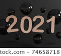 Creative concept of 2021 Happy New Year. Abstract minimal scene with geometrical forms. Rose gold symbol flying with sphere on black background. 3d render. 74658718