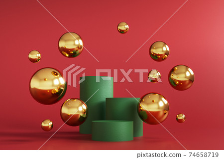 Abstract minimal scene with geometrical forms. Cylinder podiums in Christmas colors. Abstract background. Scene to show cosmetic podructs. Showcase, display case. 3d render. Abstract minimal scene with geometrical forms. Cylinder podiums in Christmas colors. Abstract background. Scene to show cosmetic podructs. Showcase, display case. 3d render. 74658719