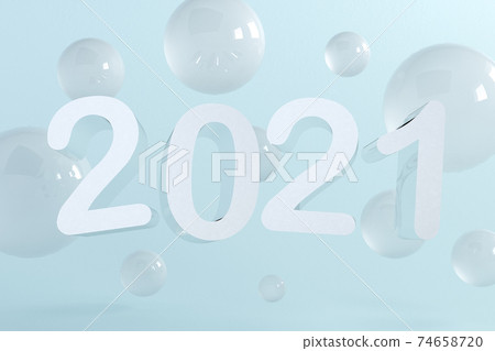 Creative concept of 2021 Happy New Year. Abstract minimal scene with geometrical forms. Silver symbol flying with sphere on blue background. 3d render. Creative concept of 2021 Happy New Year. Abstract minimal scene with geometrical forms. Silver symbol flying with sphere on blue background. 3d render. 74658720