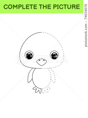 Complete drawn picture of cute chicken. Coloring book. Dot copy game. Handwriting practice, drawing skills training. Education developing printable worksheet. Activity page. Vector illustration. 74659076