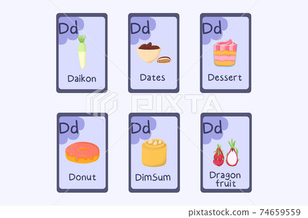 Colorful Phonics flashcard Letter D - daikon, dimsum, dates, dessert, donut, dragon fruit. 74659559