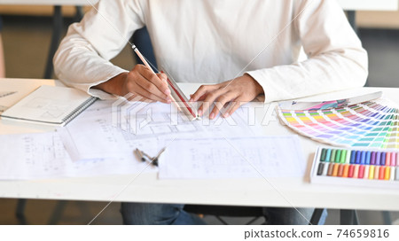 Closeup architecture drawing with pencil on draft table. Closeup architecture drawing with pencil on draft table. 74659816