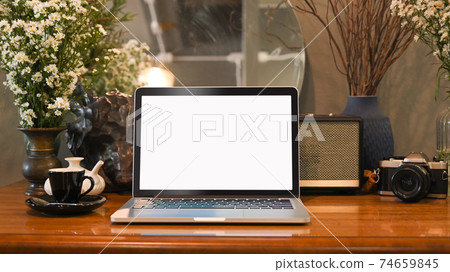 Mockup laptop computer on dressing table. Mockup laptop computer on dressing table. 74659845