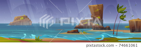 Tropical storm on ocean beach with palm trees 74661061