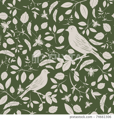 Seamless floral pattern with birds - Stock Illustration [74661306] - PIXTA