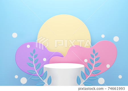 White podium with leaves and clouds or wave shapes pastel color on blue background, Space for product advertising concept, 3d render 74661993