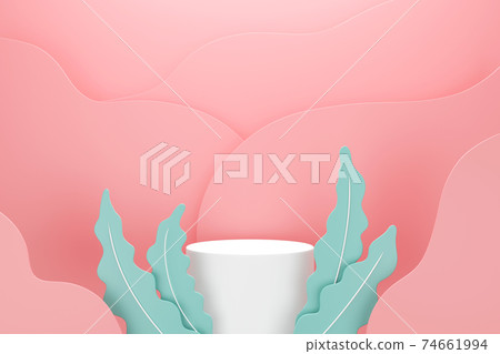 White podium with green leaves and pink wave liquide shapes  pastel color, Space for product advertising concept, 3d render 74661994