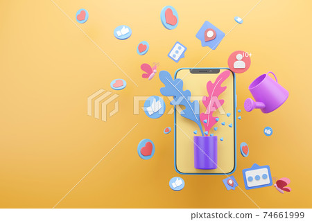 Water the plants with watering can for share stories to social media on yellow background, 3d render 74661999