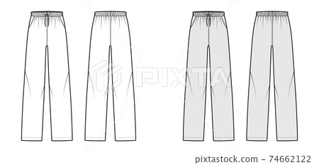 Pajama pants technical fashion illustration with elastic low waist, rise, full length, drawstrings, pockets. Flat knit 74662122