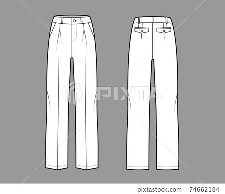 Pants tailored technical fashion illustration with low waist, rise, slant slashed flap pockets, single pleat, belt loops Pants tailored technical fashion illustration with low waist, rise, slant slashed flap pockets, single pleat, belt loops 74662184