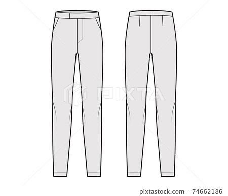 Pants cigarette technical fashion illustration with extended low waist, rise, full length, slant slashed pockets. Flat  74662186