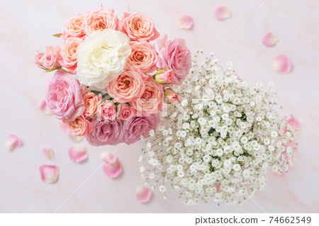 Pink rose and white gypsophila 74662549